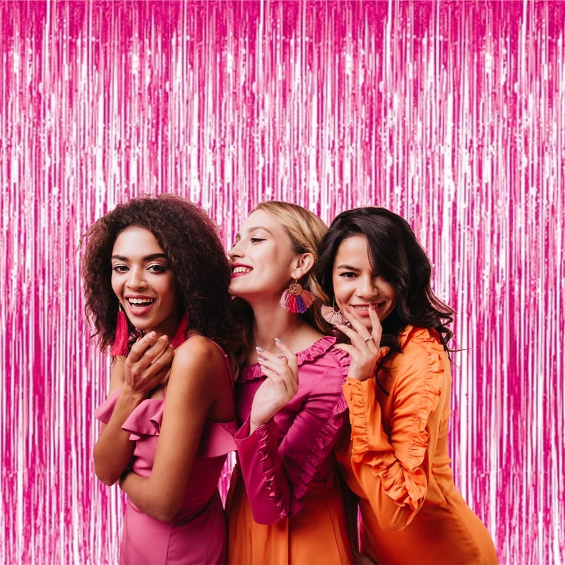 GOER 3.2 ft x 8.2 ft Metallic Tinsel Foil Fringe Curtains Party Photo Backdrop Party Streamers for Galentines Day,Birthday,Graduation,New Year Eve Decorations Wedding Decor (3 Pcs, Hot Pink) - Image 4